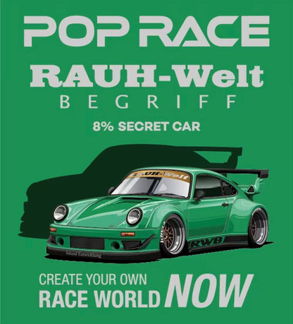 Green sports car with 'RWB' branding on a green background, featuring text about 'Pop Race' and 'Rauh-Welt Begriff'.
