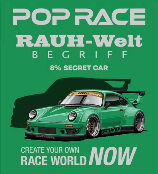 Green sports car with 'RWB' branding on a green background, featuring text about 'Pop Race' and 'Rauh-Welt Begriff'.