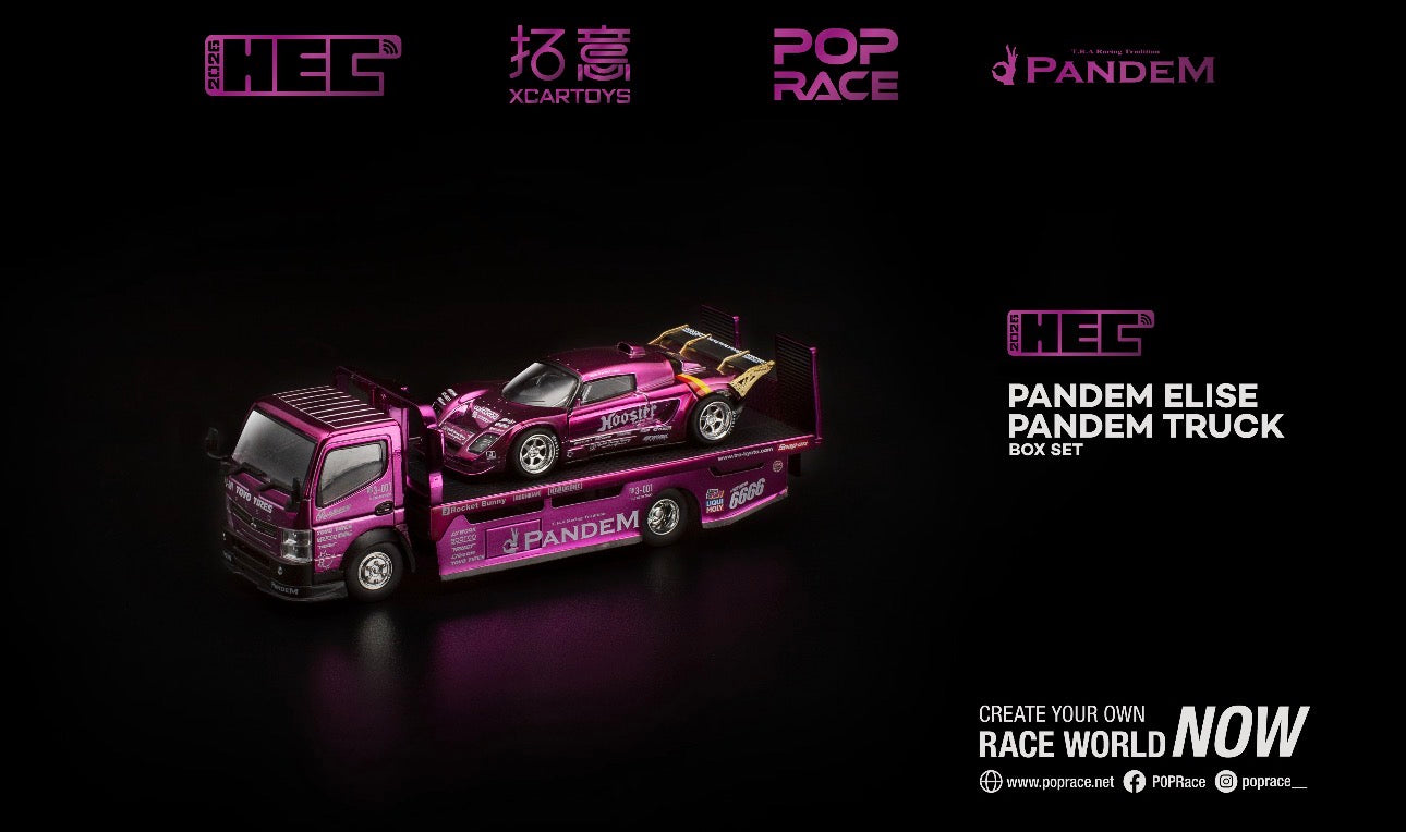 Model toy truck with a car on a black background, featuring branding logos.