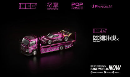 Model toy truck with a car on a black background, featuring branding logos.