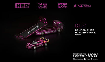 Model toy truck and car set on a dark background with branding logos.