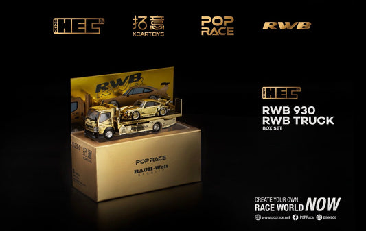 Model truck box set with HEC, Xcar toys, Pop Race, and RWB branding on a black background.
