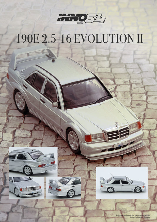 Model car of a Mercedes-Benz 190E 2.5-16 Evolution II on a stone surface with 'INNO54' branding.