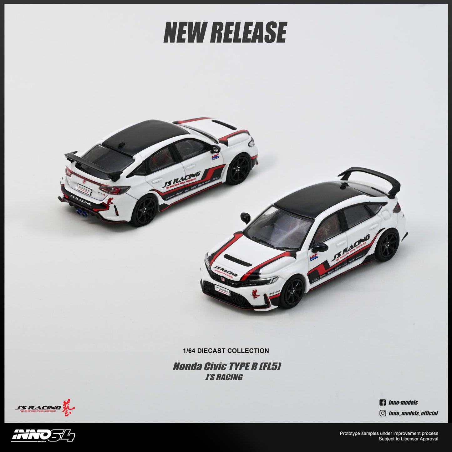 Two model cars of Honda Civic Type R with JR Racing branding on a white background.