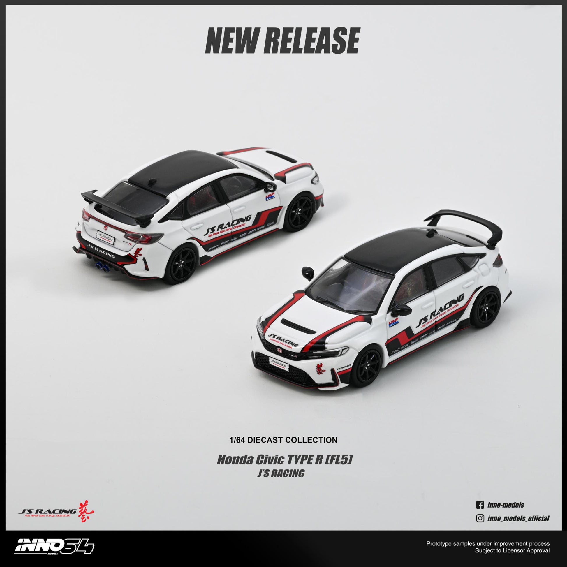 Two model cars of Honda Civic Type R with JR Racing branding on a white background.