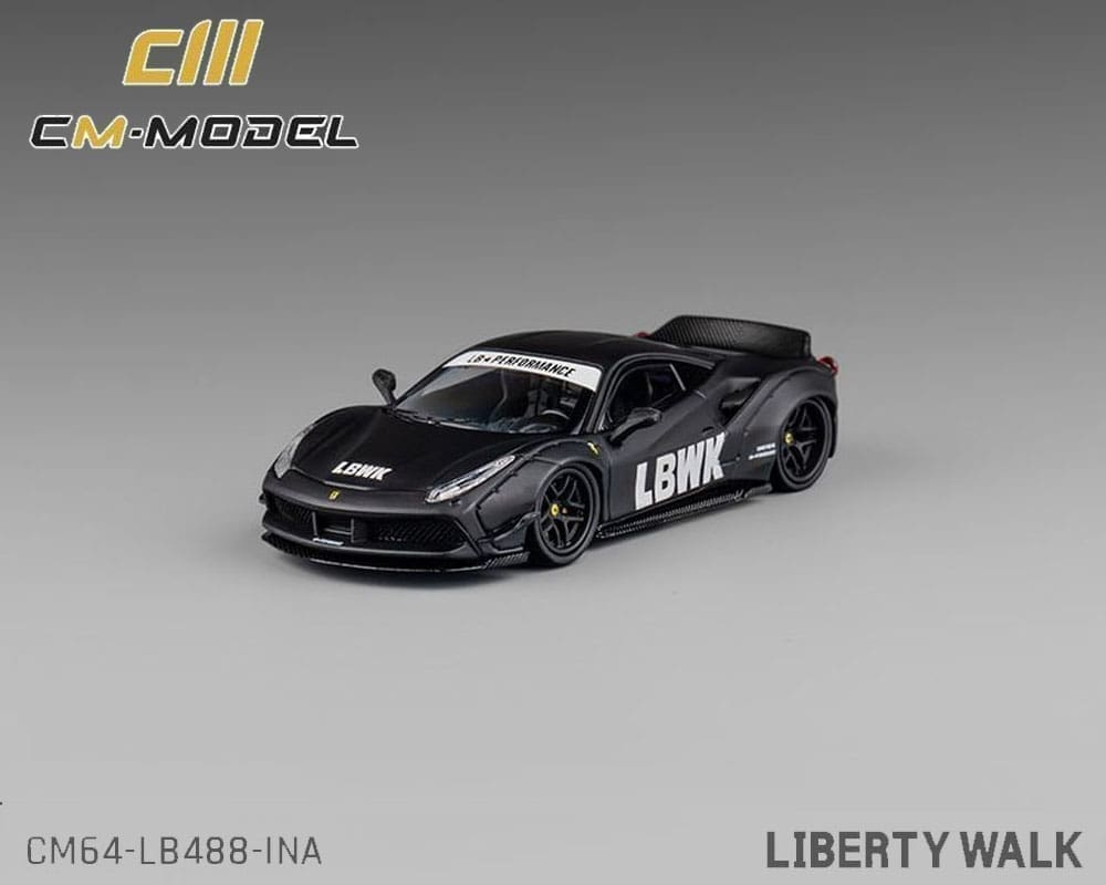 CM Model 1:64 LBWK Liberty Walk F488 Widebody Indonesia Exclusive – Matted Black with Carbon – Limited Edition