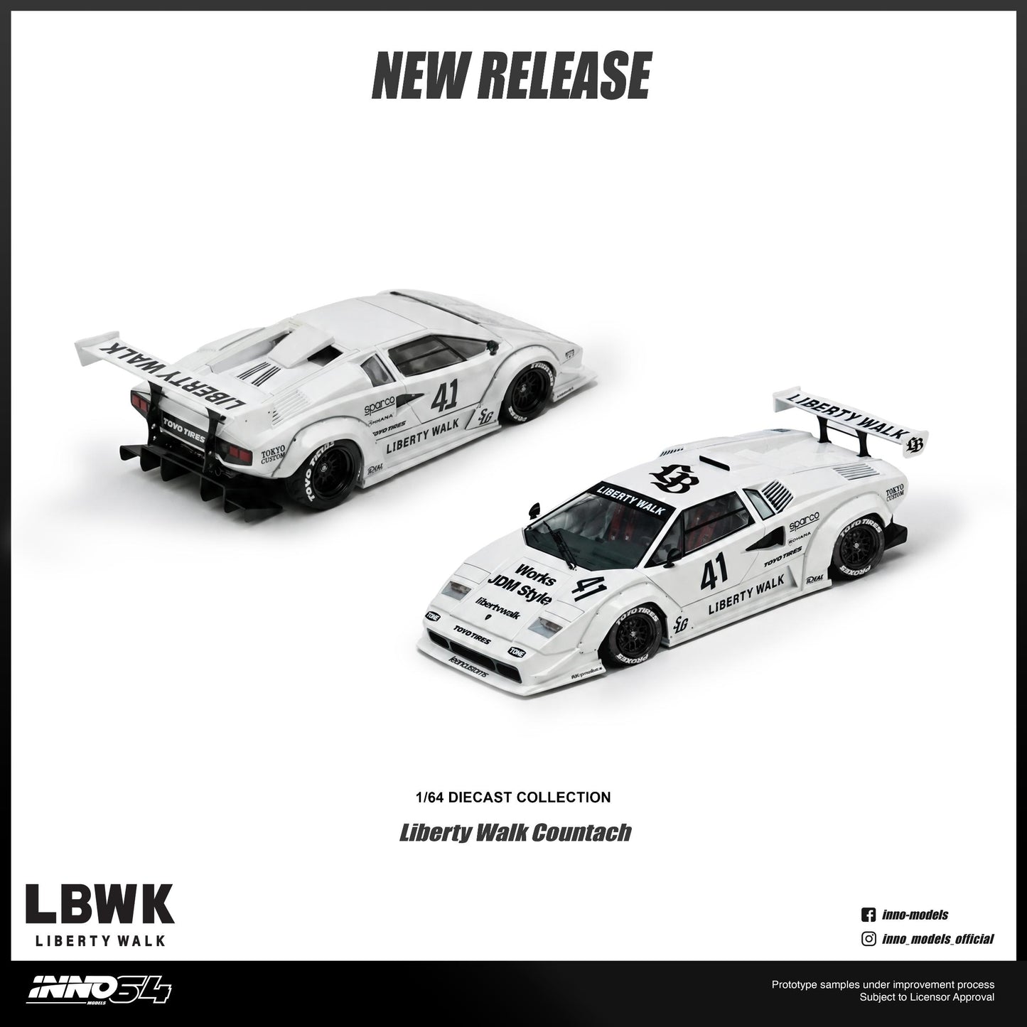 Two model cars of Liberty Walk Countach on a white background with 'New Release' text and LBWK branding.