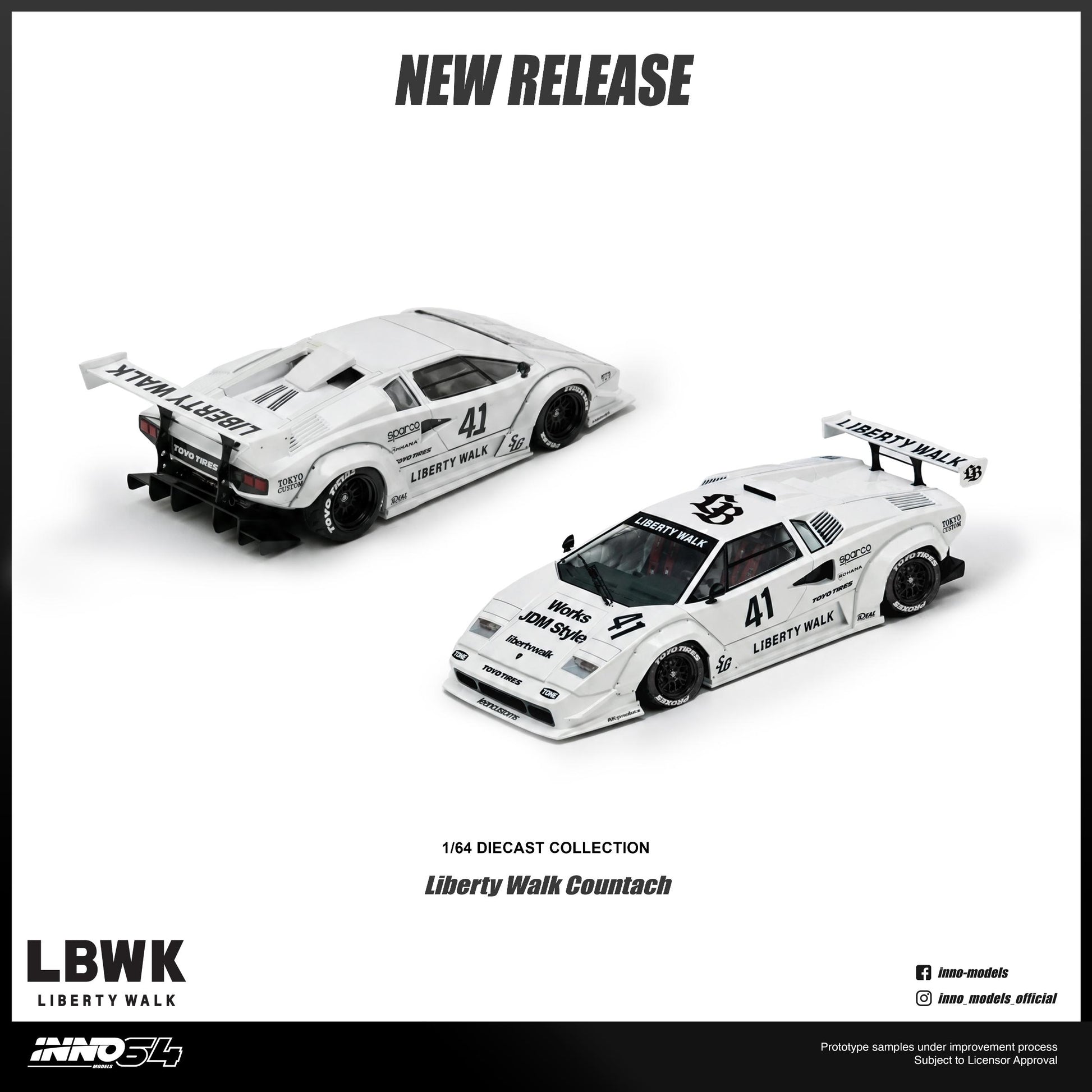 Two model cars of Liberty Walk Countach on a white background with 'New Release' text and LBWK branding.