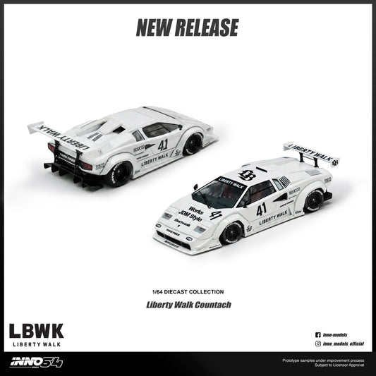 Two model cars of Liberty Walk Countach on a white background with 'New Release' text and LBWK branding.