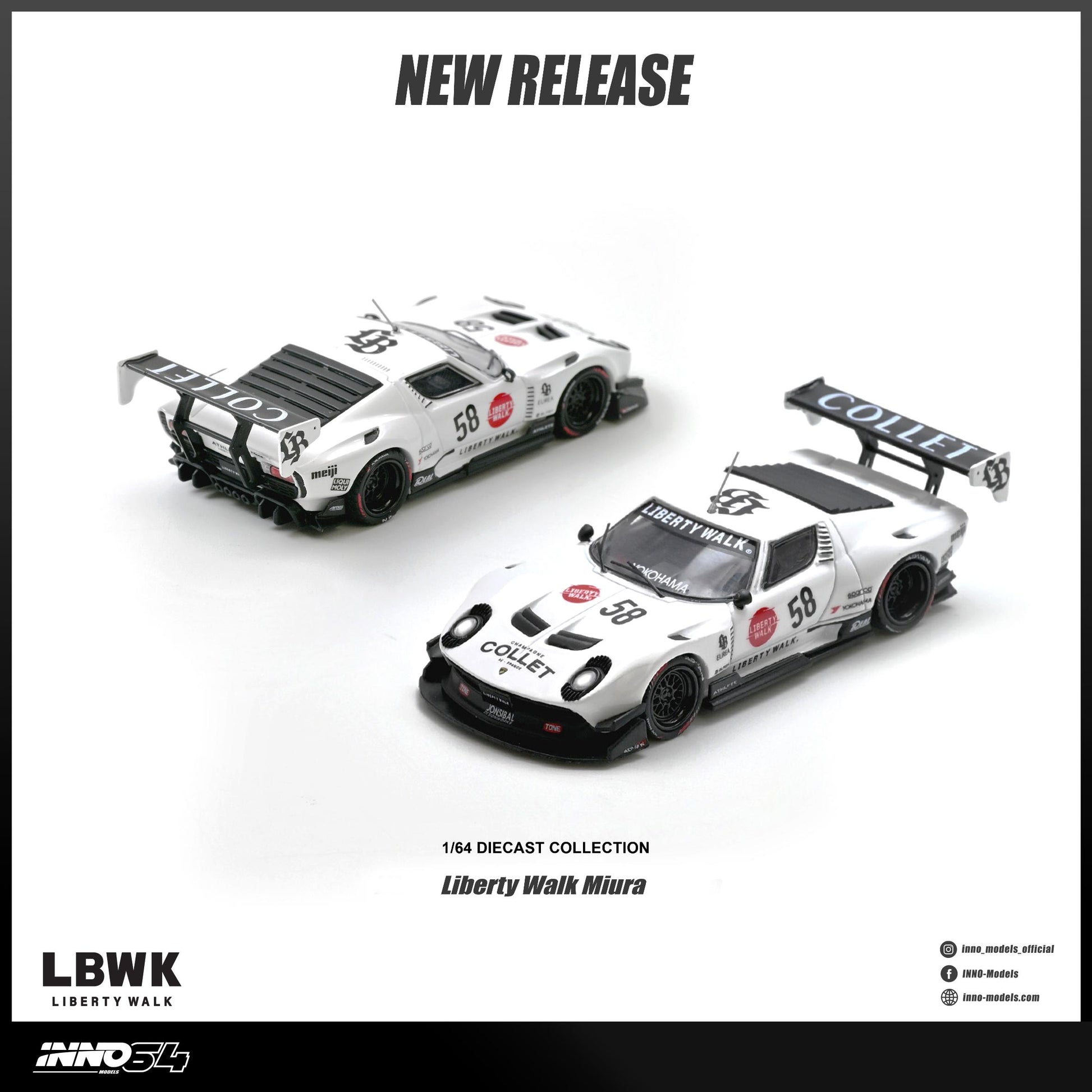 Two model cars with 'Liberty Walk' branding on a white background, featuring the text 'New Release' and '1/64 Diecast Collection'.