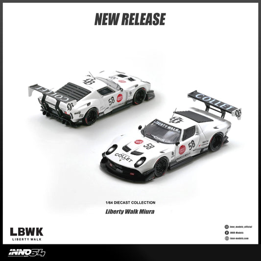 Two model cars with 'Liberty Walk' branding on a white background, featuring the text 'New Release' and '1/64 Diecast Collection'.