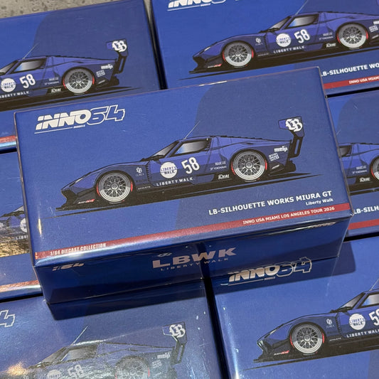 INNO64 1:64 Liberty Walk LB-Silhouette Works Miura GT #58 Blue Diecast Model Car, INNO USA Miami Los Angeles Tour 2026 Exclusive Edition in Box