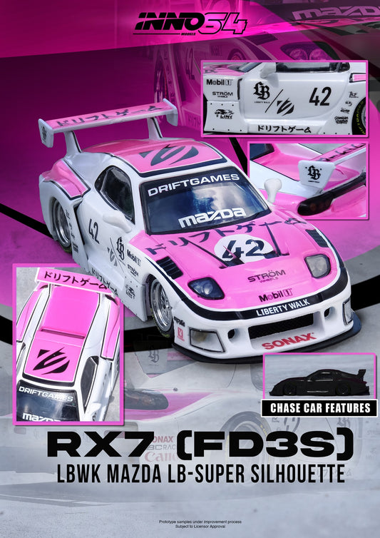 Model car kit of a Mazda RX-7 with pink and white design on a promotional poster.