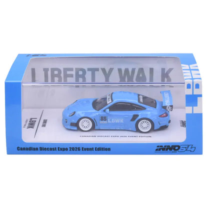 INNO64 Porsche 997 LBWK 1:64 diecast model in blue LBWK #85 livery, Canadian Diecast Expo 2026 Event Edition IN64-LBWK997-CDE26, with white wheels and Liberty Walk display packaging.