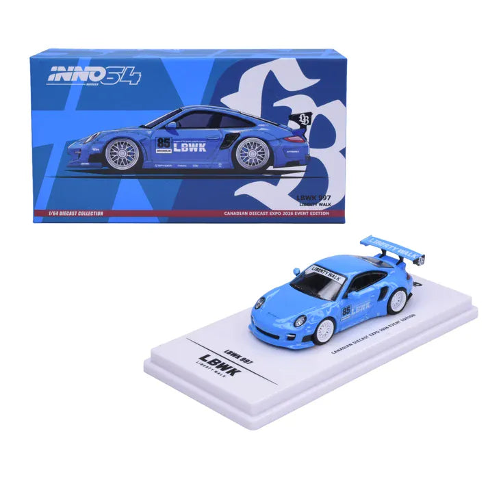 INNO64 Porsche 997 LBWK 1:64 diecast model in blue LBWK #85 livery, Canadian Diecast Expo 2026 exclusive IN64-LBWK997-CDE26, with white wheels, large rear wing, display base and special edition packaging.