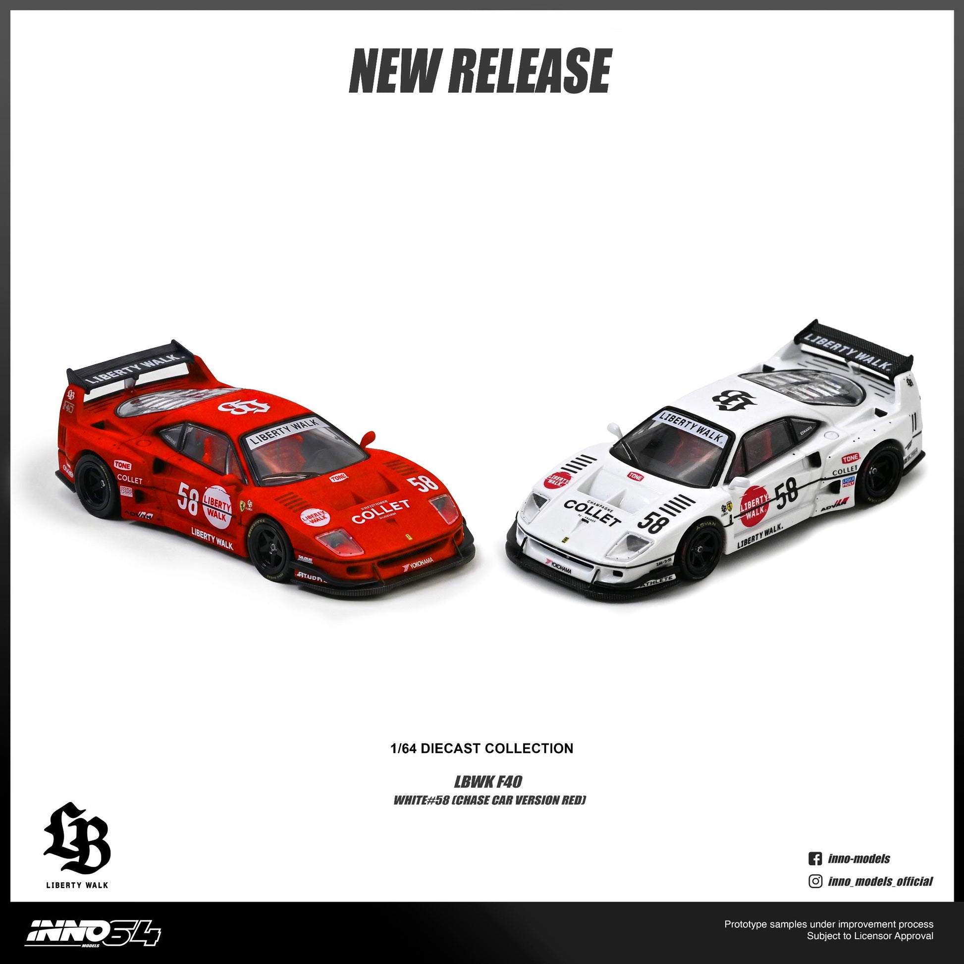 Two model cars, one red and one white, with 'Collier' branding on a white background. Text indicates 'New Release' and '1/64 Diecast Collection'.