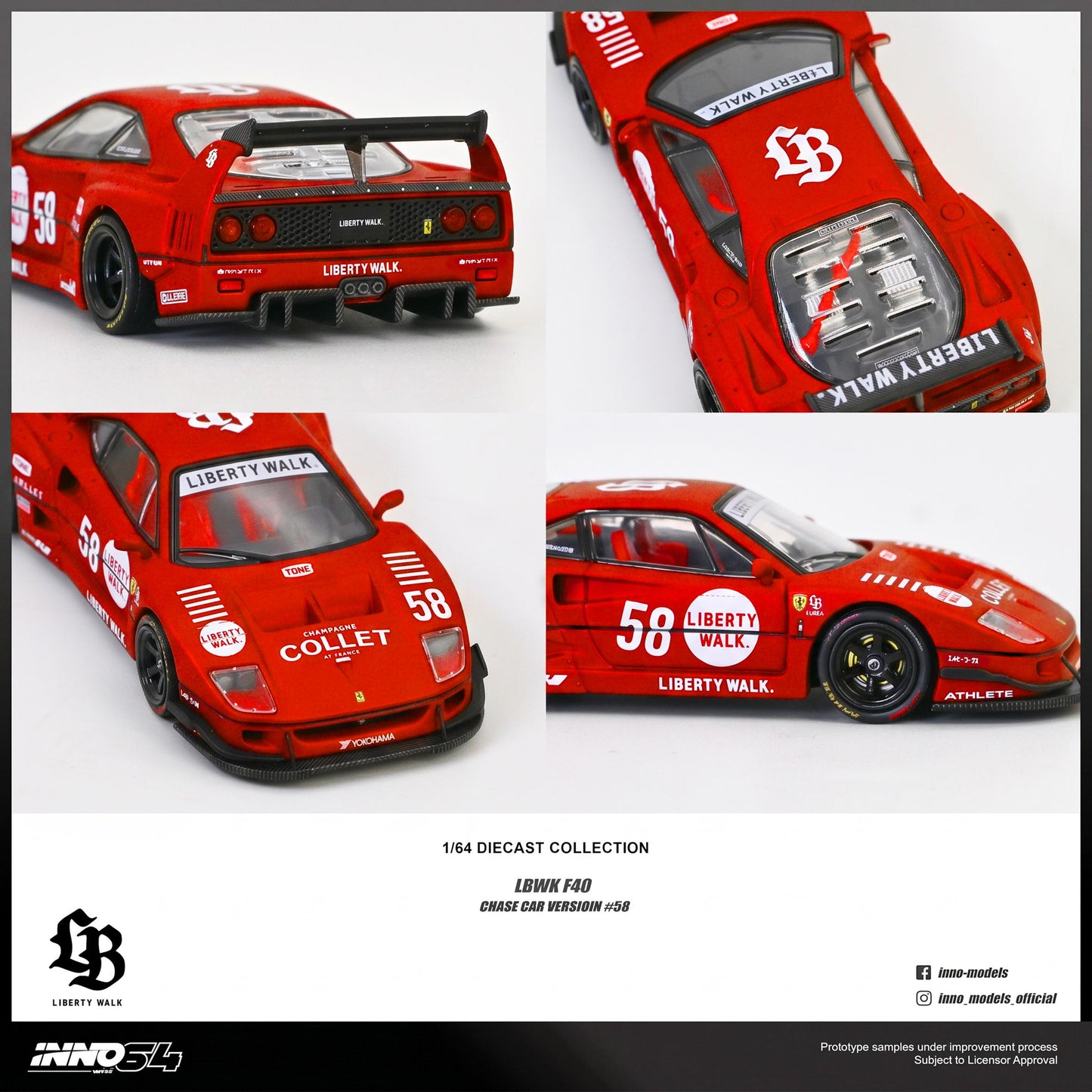 Red model car with Liberty Walk branding from multiple angles on a white background