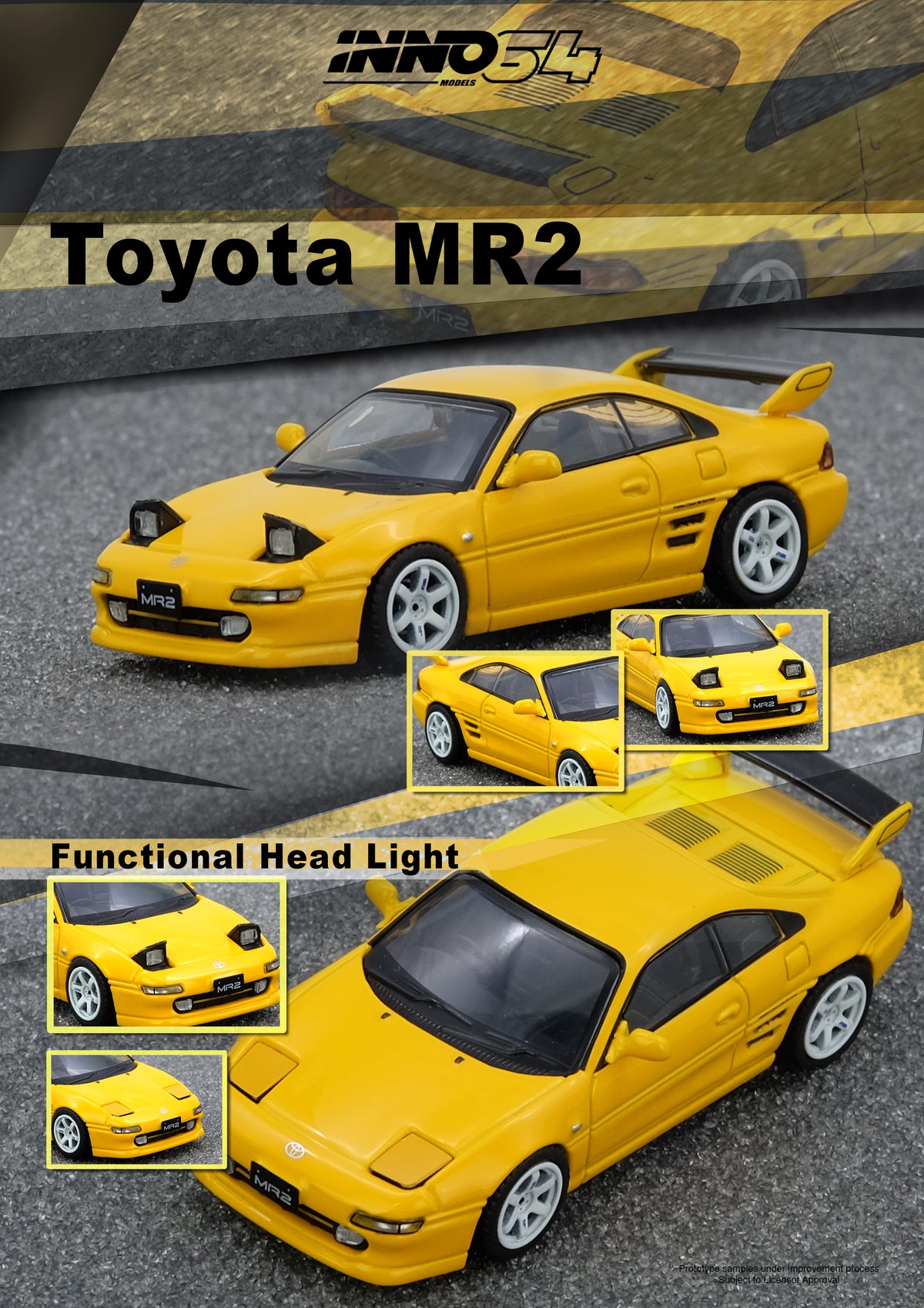 Yellow toy Toyota MR2 model with detailed views on a gray surface, featuring INNO54 branding.