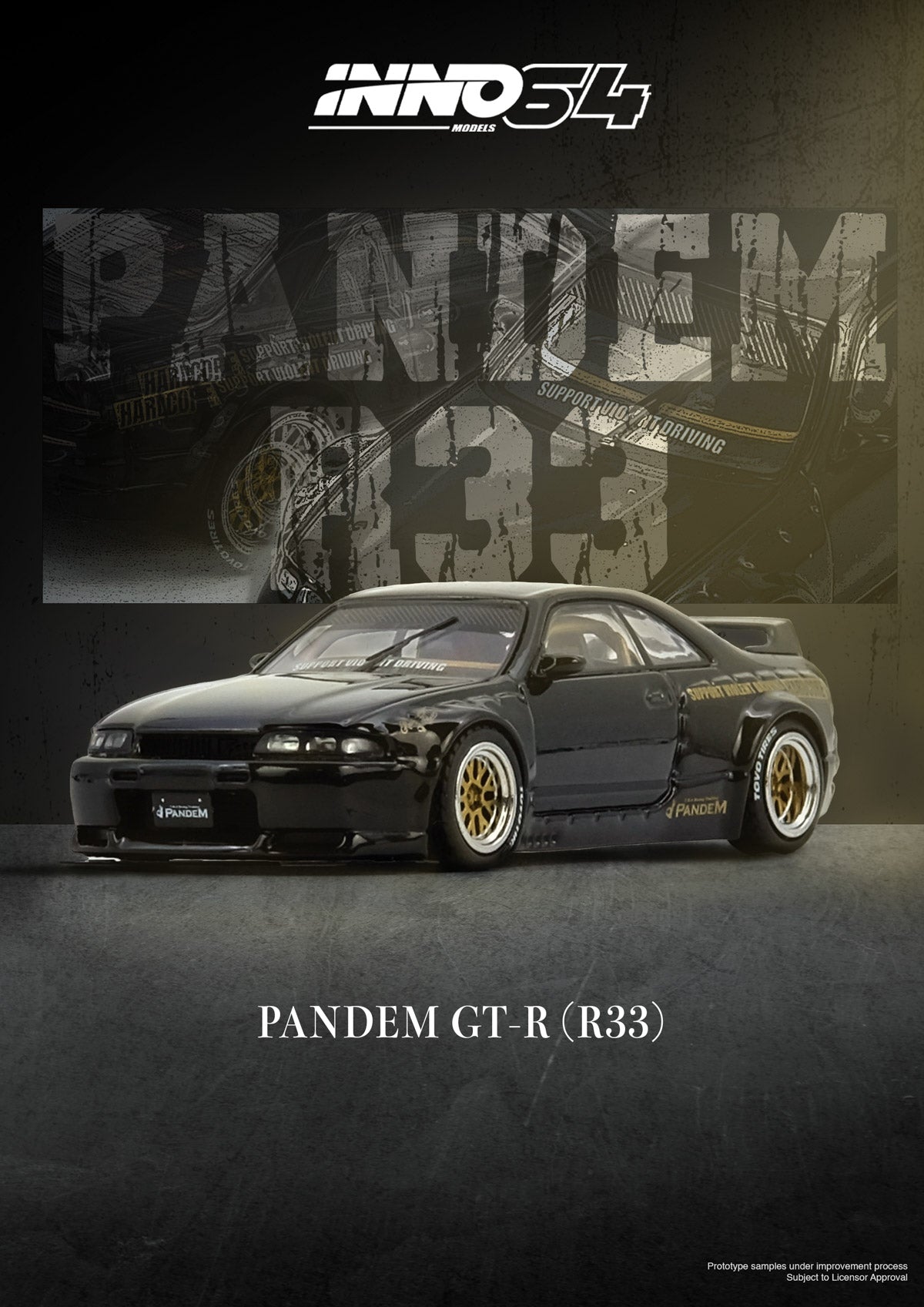 Black sports car with 'PANDEM' branding on a dark background