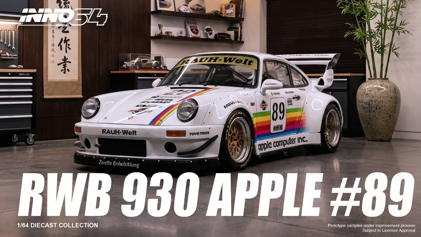 Model car with 'RWB 930 Apple #89' branding in a showroom setting.
