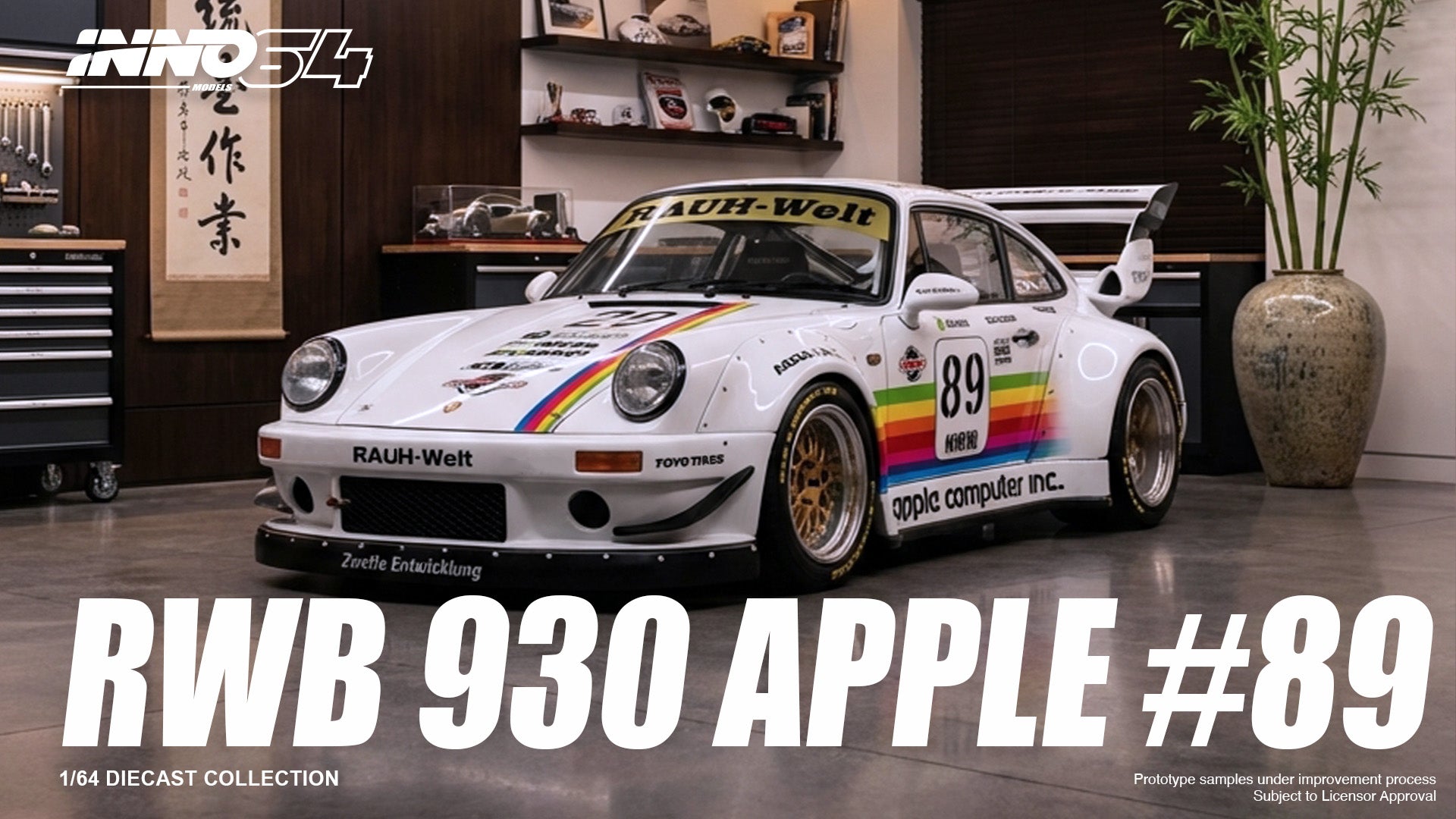 Model car with 'RWB 930 Apple #89' branding in a showroom setting.