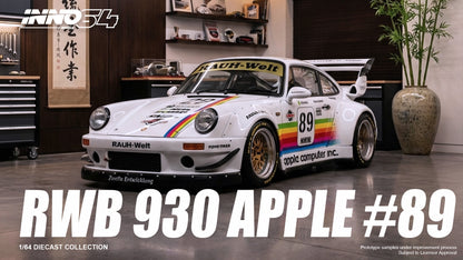 Model car with 'RWB 930 Apple #89' branding in a showroom setting.