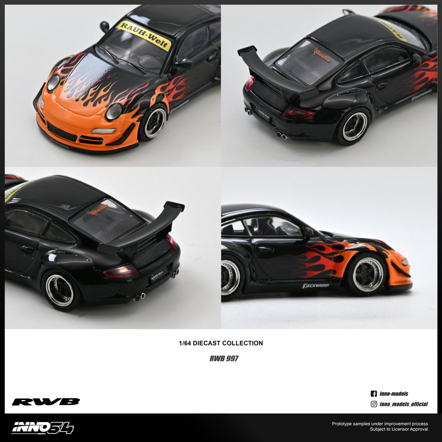 Collage of a model car with flame design on a white background, featuring the RWB logo.