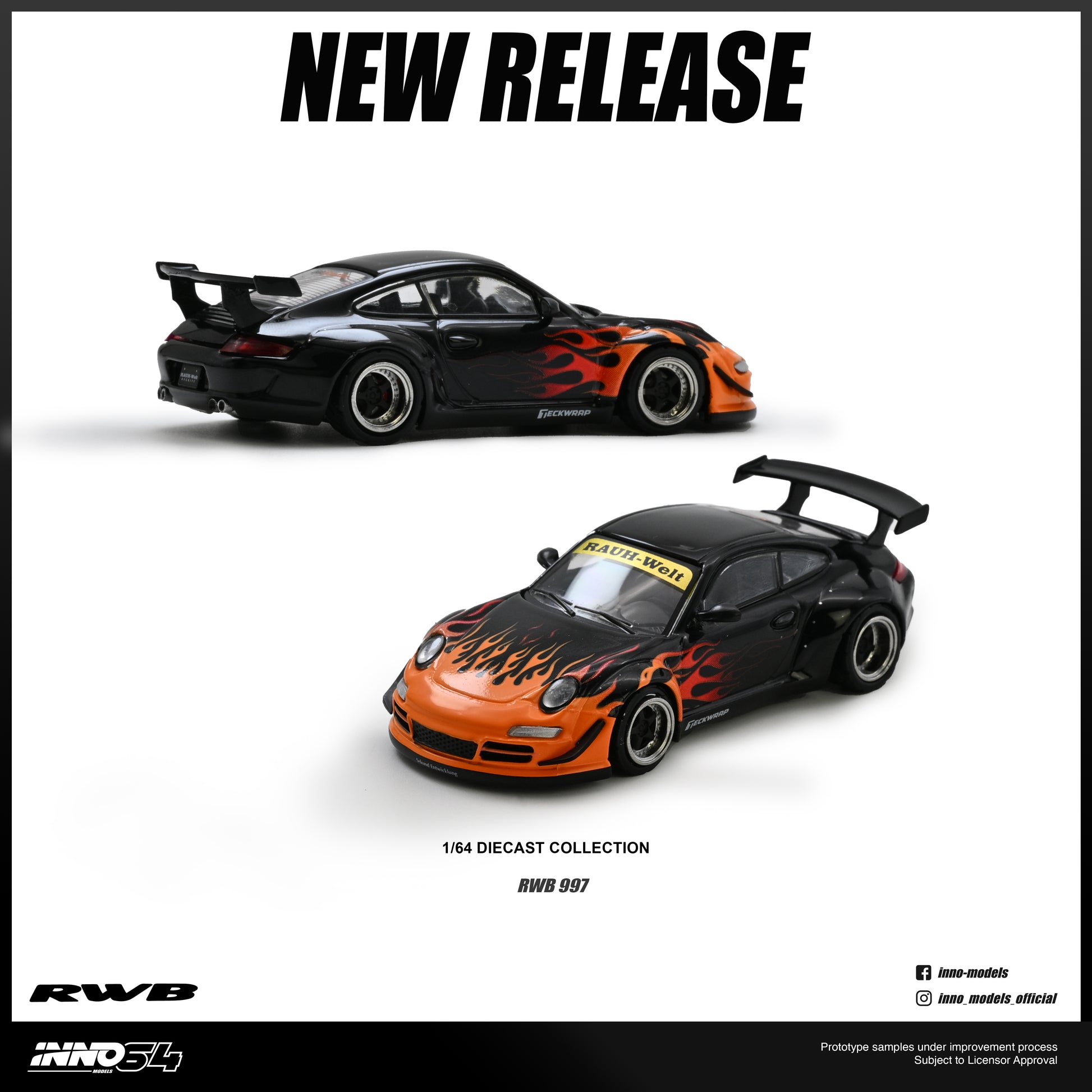 Two model cars with flame design on a white background, labeled 'New Release'.