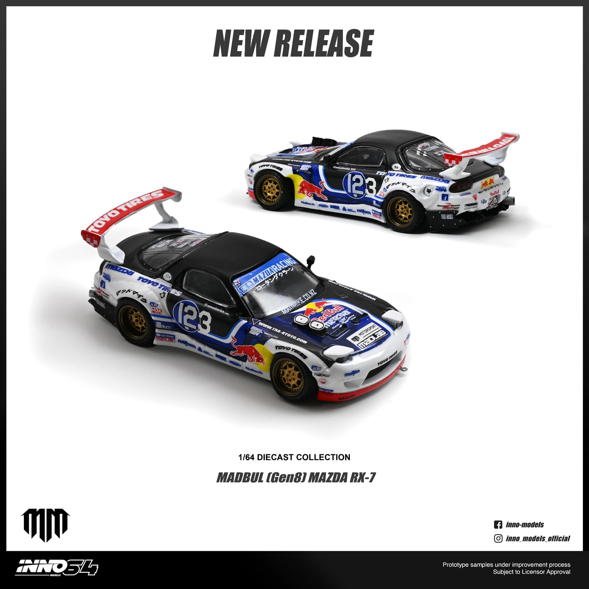 Two model cars with racing livery on a white background, featuring the brand 'Maddbul'.