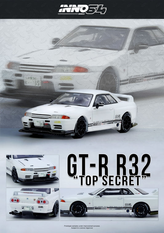 Model car of a GT-R R32 with 'Top Secret' text, displayed on a white background.