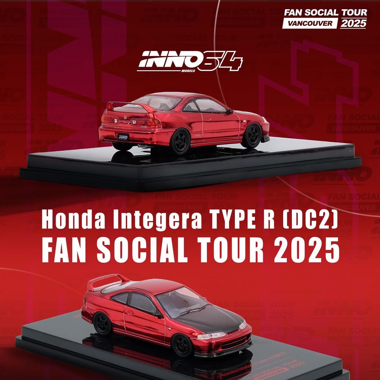 Red Honda Integra Type R model car on a black platform with INNO64 branding against a red background.