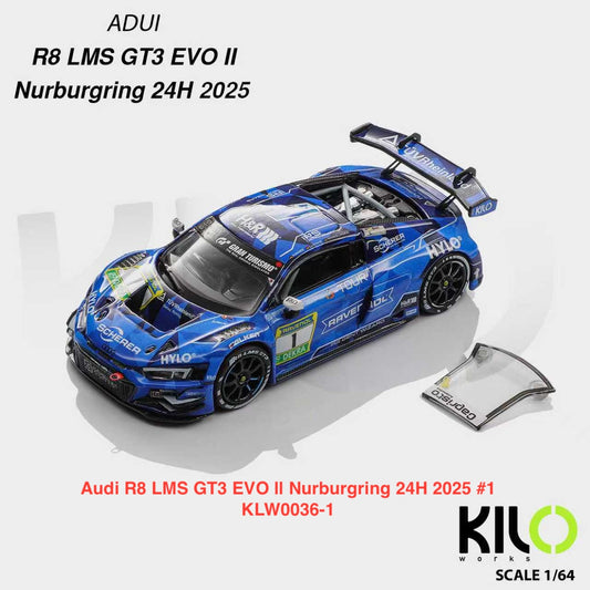 Model car of Audi R8 LMS GT3 EVO II on a white background with Kilo Works branding.