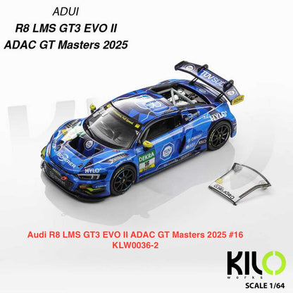Model car of Audi R8 LMS GT3 EVO II on a white background with branding and text.