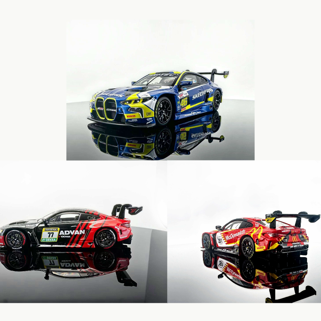 JICAR 1:64 M4 GT3 diecast racing car model collection featuring three liveries: #46 blue and yellow, #77 black and red, and #31 red and yellow fast food-themed racing design.