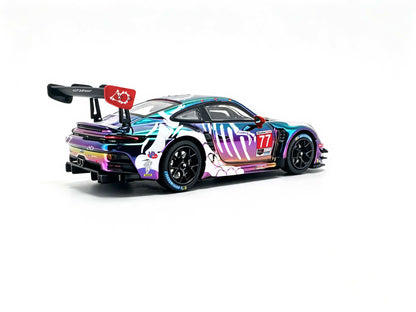 JICAR 1:64 Porsche 911 GT3 R #77 Iridescent Rainbow Chrome Tyrannosaurus Skeleton Livery Diecast Model Car Rear Three Quarter View with Holographic Dinosaur Skeleton Graphics, Black Racing Wheels, Large Rear Wing and Rear Diffuser