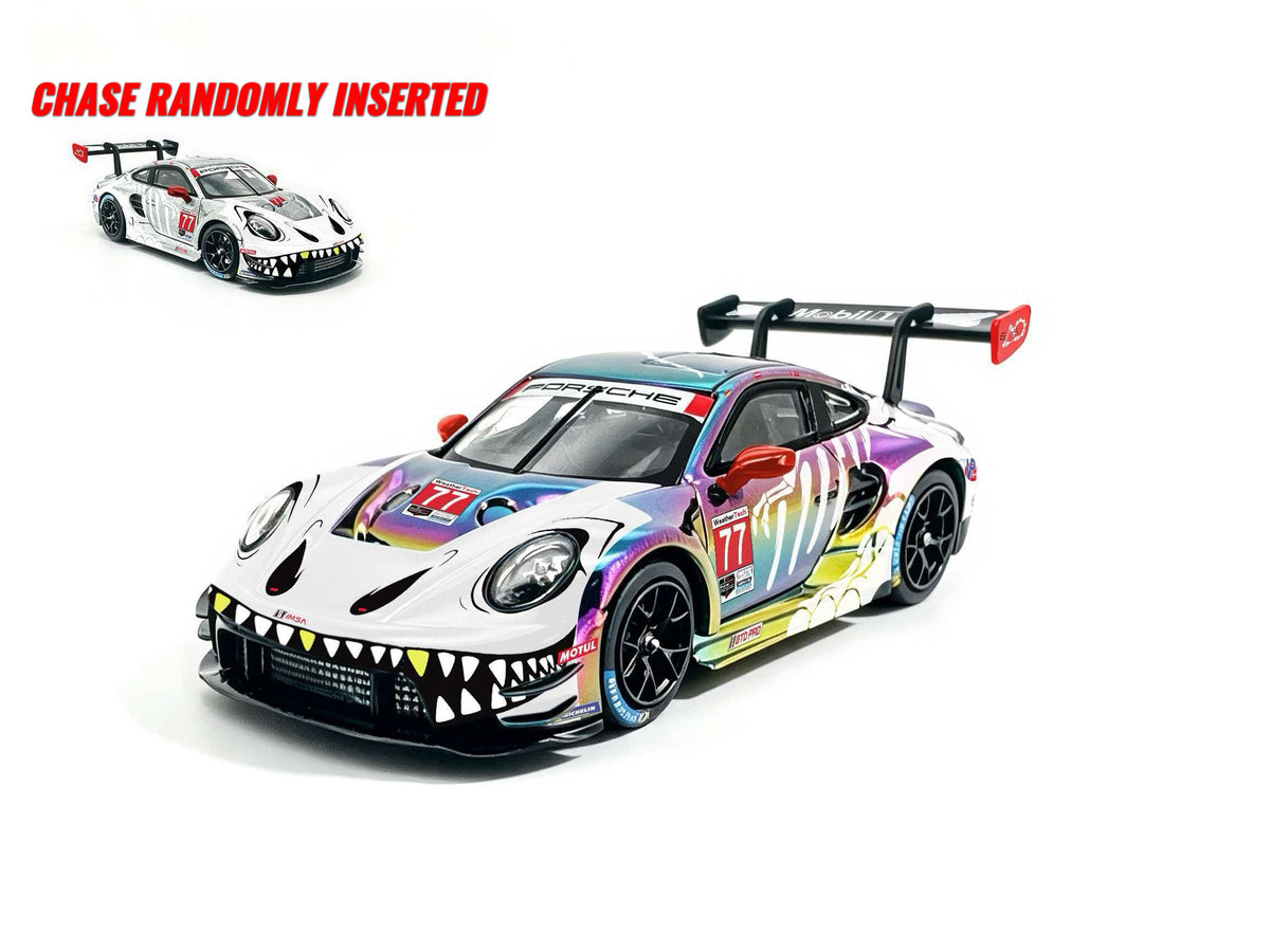 JICAR 1:64 Porsche 911 GT3 R #77 Iridescent Rainbow Chrome Tyrannosaurus Skeleton Livery Diecast Model Car Front Three Quarter View with Black Racing Wheels, Large Rear Wing and Randomly Inserted White Raw Metal Skeleton Chase Variant.
