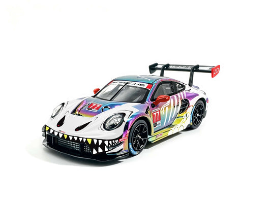 JICAR 1:64 Porsche 911 GT3 R #77 Iridescent Rainbow Chrome Tyrannosaurus Skeleton Livery Diecast Model Car Front Three Quarter View with Dinosaur Teeth Graphics, Black Racing Wheels and Large Rear Wing