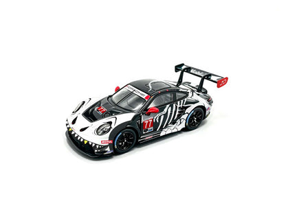 JICAR 1:64 Porsche 911 GT3 R #77 Tyrannosaurus Skeleton Livery White and Black Diecast Model Car High Angle Front Three Quarter View Featuring Dinosaur Skeleton Graphics, Black Racing Wheels, Red Side Mirrors and Large Rear Wing.