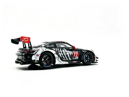 JICAR 1:64 Porsche 911 GT3 R #77 Tyrannosaurus Skeleton Livery White and Black Diecast Model Car Rear Side View Featuring Dinosaur Skeleton Graphics, Black Racing Wheels, Red Wing Endplate and Large Rear Wing.