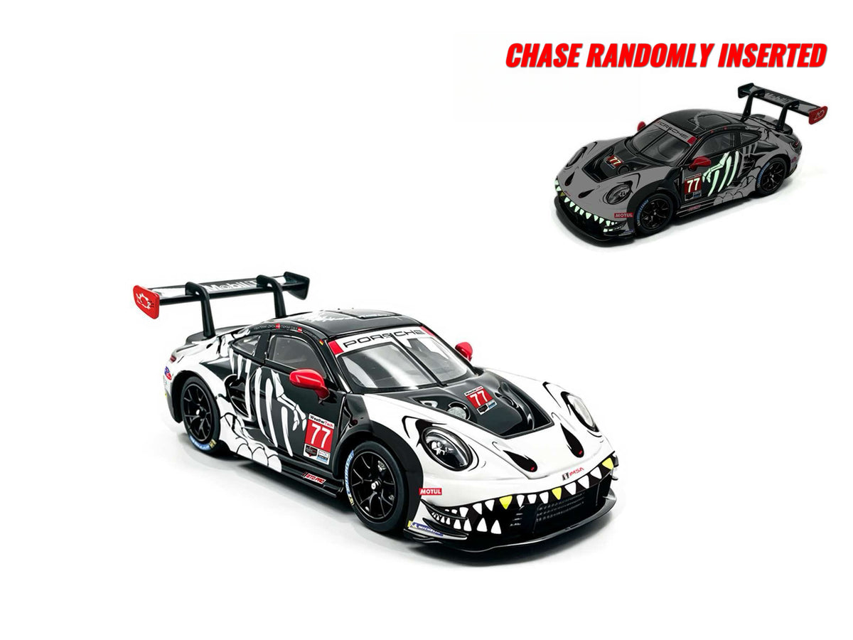JICAR 1:64 Porsche 911 GT3 R #77 Tyrannosaurus Skeleton Livery White and Black Diecast Model Car Front Three Quarter View Featuring Dinosaur Skeleton Graphics, Black Racing Wheels and Large Rear Wing, with Randomly Inserted Glow-in-the-Dark Chase Variant.