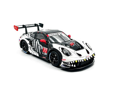 JICAR 1:64 Porsche 911 GT3 R #77 Tyrannosaurus Skeleton Livery White and Black Diecast Model Car Front Three Quarter View Featuring Dinosaur Skeleton Graphics, Red Side Mirrors, Black Racing Wheels and Large Rear Wing.
