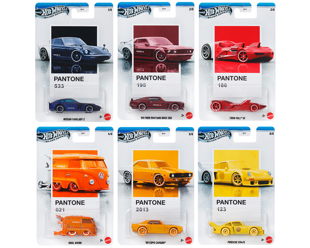 Collection of Hot Wheels cars in Pantone packaging on a white background