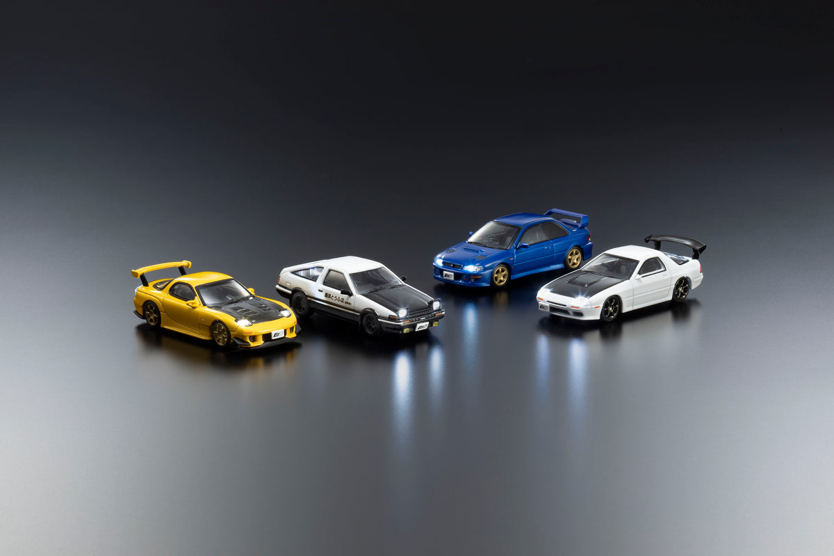 KYOSHO 1:64 Initial D diecast model car collection featuring Toyota AE86, Mazda RX-7 FD3S, Subaru Impreza WRX STI and Mazda RX-7 FC3S