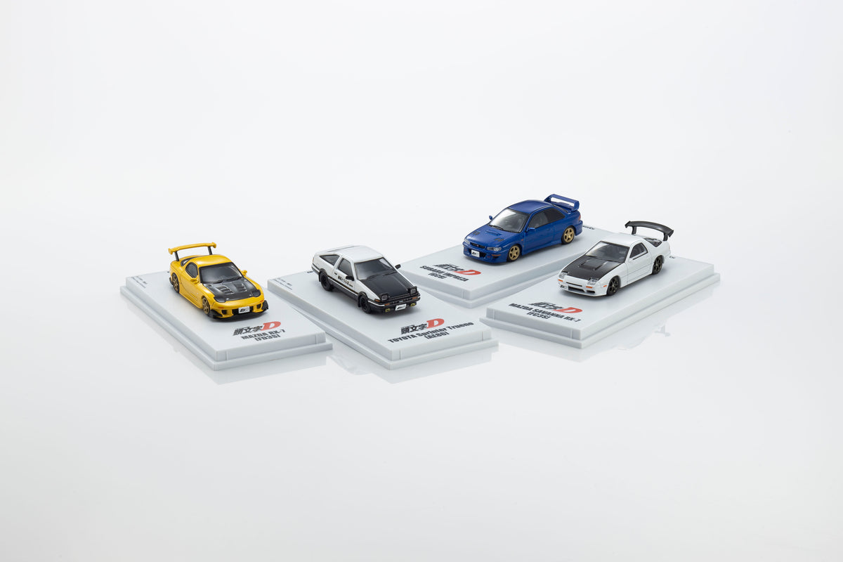 KYOSHO 1:64 Initial D diecast model car collection featuring Toyota AE86, Mazda RX-7 FD3S, Subaru Impreza WRX STI and Mazda RX-7 FC3S with display bases