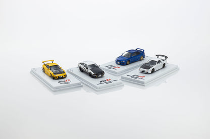 KYOSHO 1:64 Initial D diecast model car collection featuring Toyota AE86, Mazda RX-7 FD3S, Subaru Impreza WRX STI and Mazda RX-7 FC3S with display bases