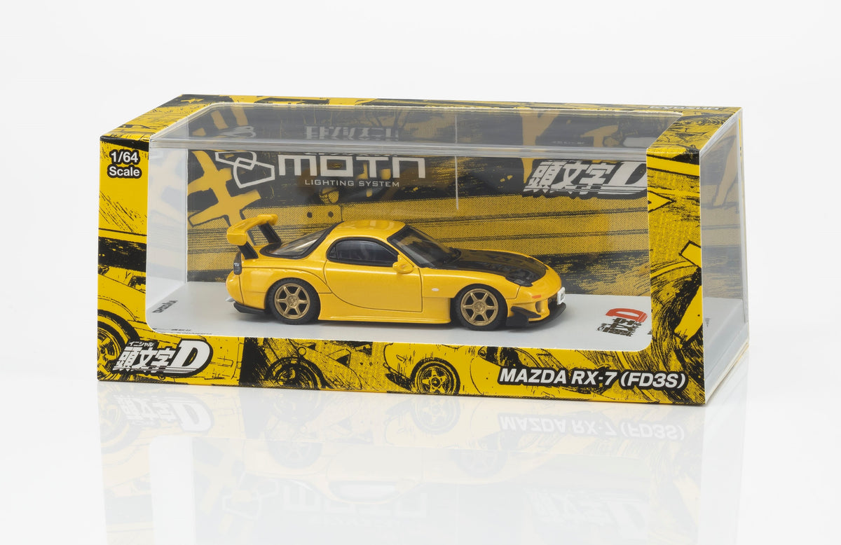 KYOSHO 1:64 Initial D Mazda RX-7 FD3S Keisuke Takahashi Yellow diecast model car with black hood and display case