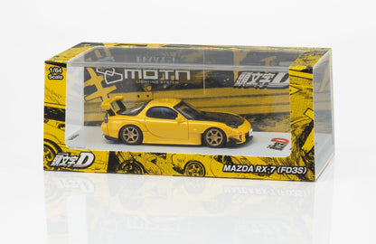 KYOSHO 1:64 Initial D Mazda RX-7 FD3S Keisuke Takahashi Yellow diecast model car with black hood and display case