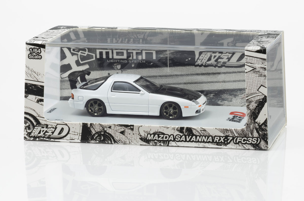 KYOSHO 1:64 Initial D Mazda Savanna RX-7 FC3S Ryosuke Takahashi White diecast model car with black carbon hood, rear wing and display case