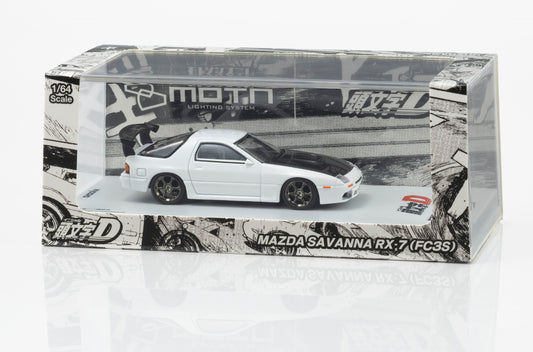 KYOSHO 1:64 Initial D Mazda Savanna RX-7 FC3S Ryosuke Takahashi White diecast model car with black carbon hood, rear wing and display case