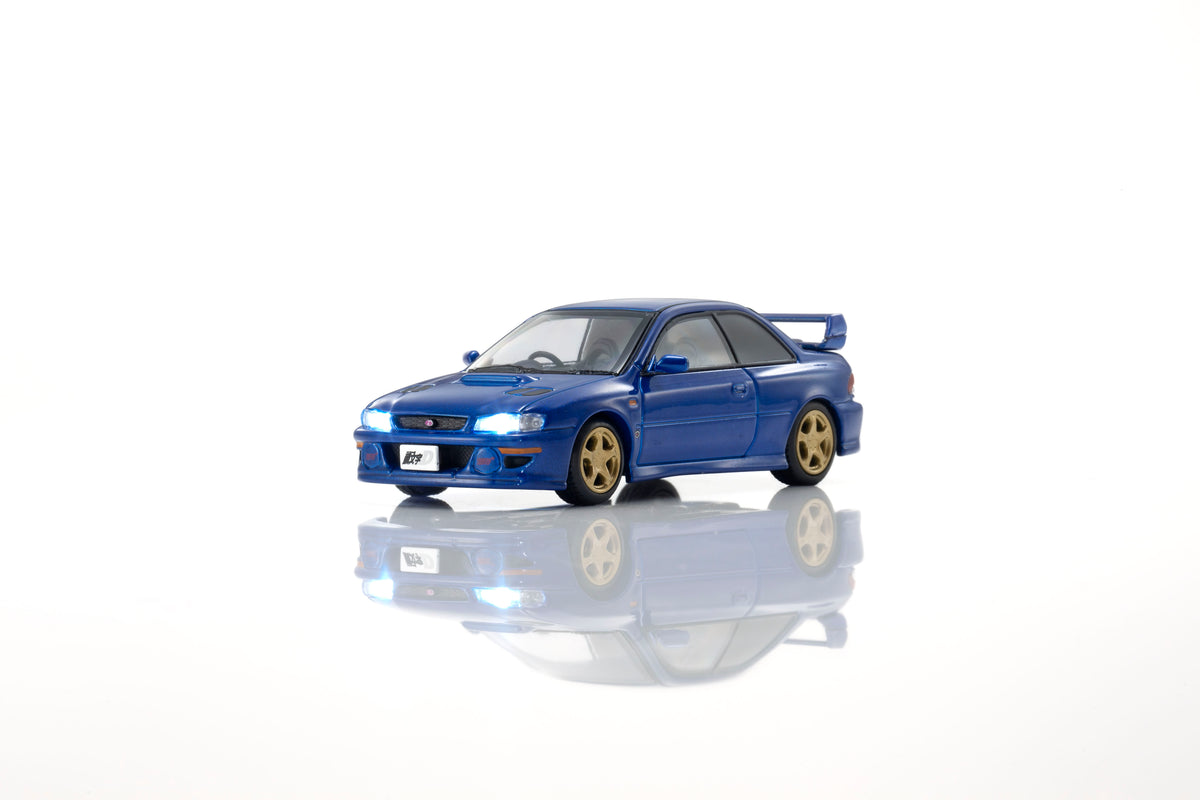 KYOSHO 1:64 Initial D Subaru Impreza WRX GC8 Bunta Fujiwara Blue diecast model car with gold wheels, rear wing and illuminated headlights